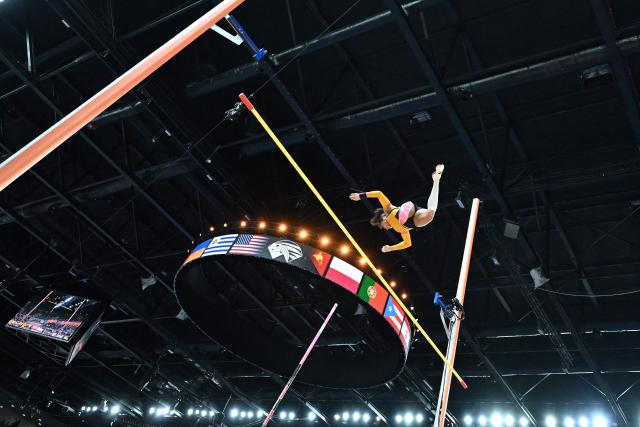 Germany's Jacqueline Otchere competes in the women's final pole vault event during the World Athletics Indoor Championships Kujawy Pomorze 2026 in Torun, Poland on March 22, 2026. (Photo by Kirill KUDRYAVTSEV / AFP)