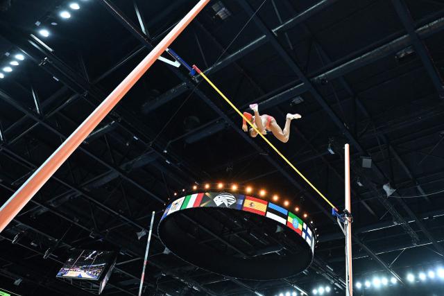 France's Marie-Julie Bonnin competes in the women's final pole vault event during the World Athletics Indoor Championships Kujawy Pomorze 2026 in Torun, Poland on March 22, 2026. (Photo by Kirill KUDRYAVTSEV / AFP)