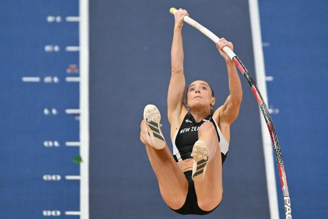 New Zealand's Imogen Ayris competes in the women's final pole vault event during the World Athletics Indoor Championships Kujawy Pomorze 2026 in Torun, Poland on March 22, 2026. (Photo by Andrej ISAKOVIC / AFP)