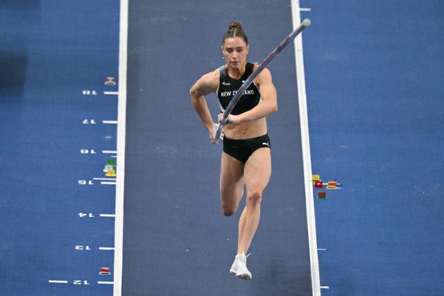 New Zealand's Imogen Ayris competes in the women's final pole vault event during the World Athletics Indoor Championships Kujawy Pomorze 2026 in Torun, Poland on March 22, 2026. (Photo by Andrej ISAKOVIC / AFP)