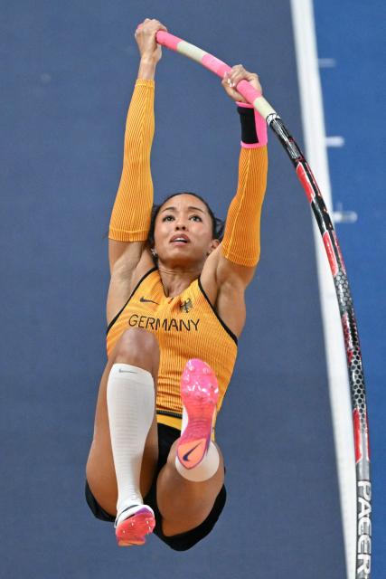Germany's Jacqueline Otchere competes in the women's final pole vault event during the World Athletics Indoor Championships Kujawy Pomorze 2026 in Torun, Poland on March 22, 2026. (Photo by Andrej ISAKOVIC / AFP)