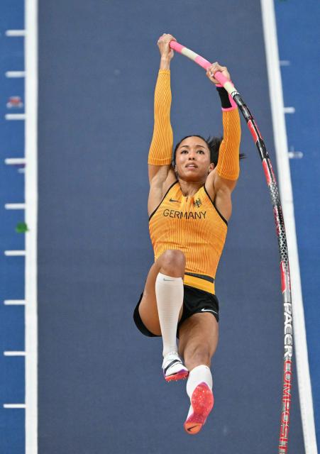 Germany's Jacqueline Otchere competes in the women's final pole vault event during the World Athletics Indoor Championships Kujawy Pomorze 2026 in Torun, Poland on March 22, 2026. (Photo by Andrej ISAKOVIC / AFP)