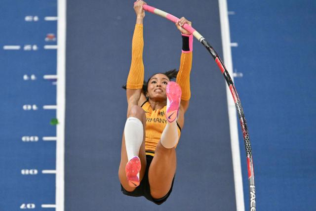 Germany's Jacqueline Otchere competes in the women's final pole vault event during the World Athletics Indoor Championships Kujawy Pomorze 2026 in Torun, Poland on March 22, 2026. (Photo by Andrej ISAKOVIC / AFP)