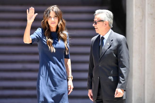 Kristi Noem (L), special envoy of the United States Shield of the Americas Program, greets the press beside Honduras' ambassador to the United States Roberto Flores Bermudez greet the press upon arrival for a meeting with Hondura's President Nasry Asfura in Tegucigalpa on March 22, 2026. (Photo by Orlando SIERRA / AFP)