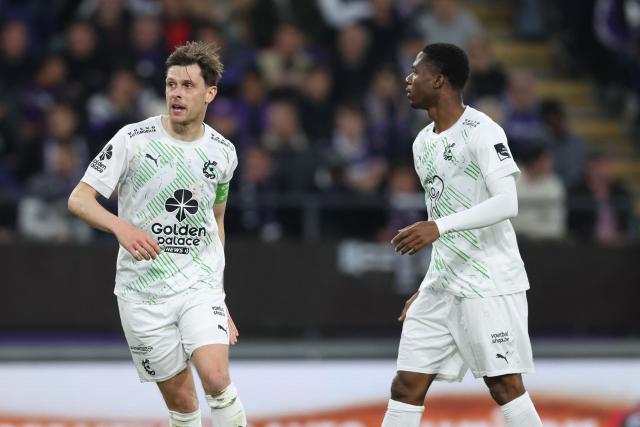 Cercle's Belgian midfielder #28 Hannes Van der Bruggen reacts during the 'Belgian Pro League' football match between RSC Anderlecht and Cercle Brugge in Brussels on March 22, 2026. (Photo by BRUNO FAHY / Belga / AFP) / Belgium OUT