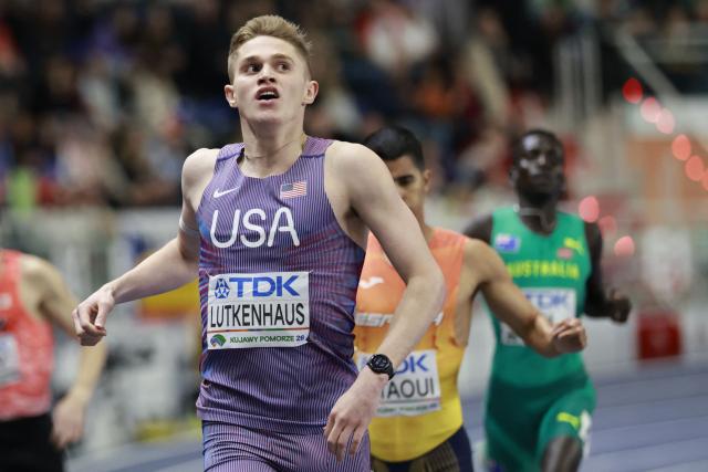 USA's Cooper Lutkenhaus reacts after crossing the finish line to win the men's final 800 metres event during the World Athletics Indoor Championships Kujawy Pomorze 2026 in Torun, Poland on March 22, 2026. (Photo by Wojtek RADWANSKI / AFP)