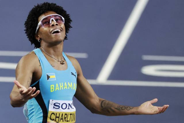 Bahamas' Devynne Charlton celebrates winning after competing in the women's final 60 metres hurdles event during the World Athletics Indoor Championships Kujawy Pomorze 2026 in Torun, Poland on March 22, 2026. (Photo by Wojtek RADWANSKI / AFP)