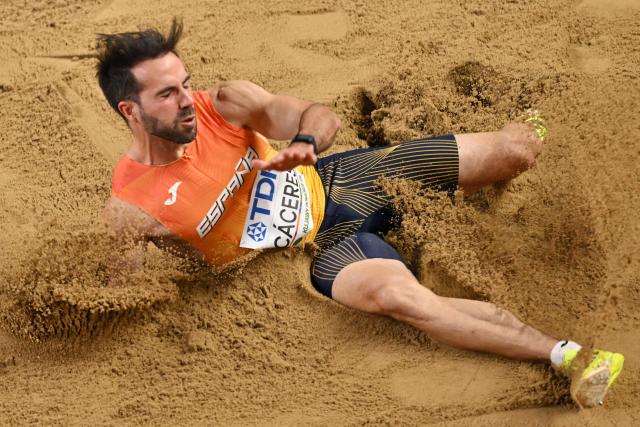 Spain's Eusebio Caceres competes in the men's final long jump event during the World Athletics Indoor Championships Kujawy Pomorze 2026 in Torun, Poland on March 22, 2026. (Photo by Andrej ISAKOVIC / AFP)