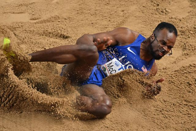USA's Steffin McCarter competes in the men's final long jump event during the World Athletics Indoor Championships Kujawy Pomorze 2026 in Torun, Poland on March 22, 2026. (Photo by Andrej ISAKOVIC / AFP)