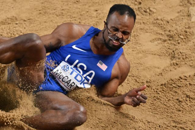 USA's Steffin McCarter competes in the men's final long jump event during the World Athletics Indoor Championships Kujawy Pomorze 2026 in Torun, Poland on March 22, 2026. (Photo by Andrej ISAKOVIC / AFP)