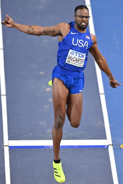 USA's Steffin McCarter competes in the men's final long jump event during the World Athletics Indoor Championships Kujawy Pomorze 2026 in Torun, Poland on March 22, 2026. (Photo by Andrej ISAKOVIC / AFP)
