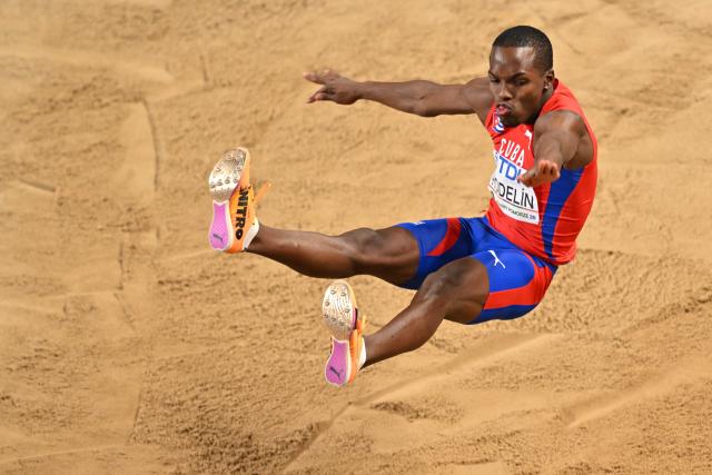 Cuba's Jorge A Hodelin competes in the men's final long jump event during the World Athletics Indoor Championships Kujawy Pomorze 2026 in Torun, Poland on March 22, 2026. (Photo by Andrej ISAKOVIC / AFP)