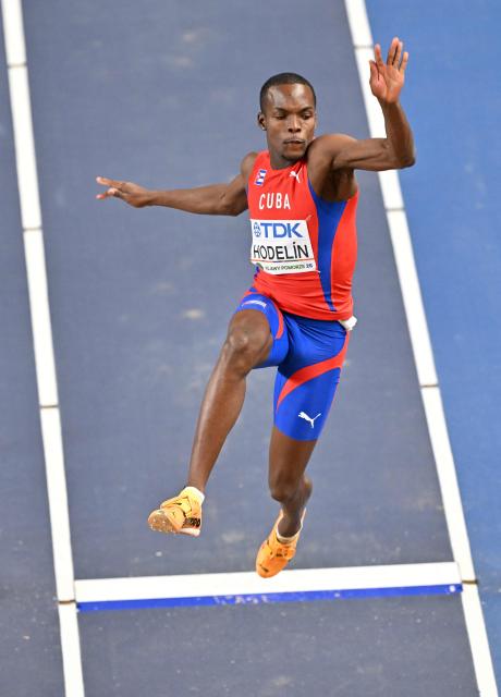 Cuba's Jorge A Hodelin competes in the men's final long jump event during the World Athletics Indoor Championships Kujawy Pomorze 2026 in Torun, Poland on March 22, 2026. (Photo by Andrej ISAKOVIC / AFP)