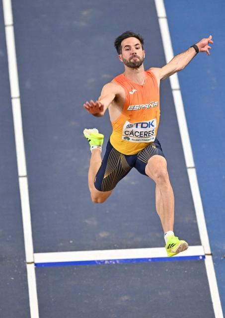 Spain's Eusebio Caceres competes in the men's final long jump event during the World Athletics Indoor Championships Kujawy Pomorze 2026 in Torun, Poland on March 22, 2026. (Photo by Andrej ISAKOVIC / AFP)