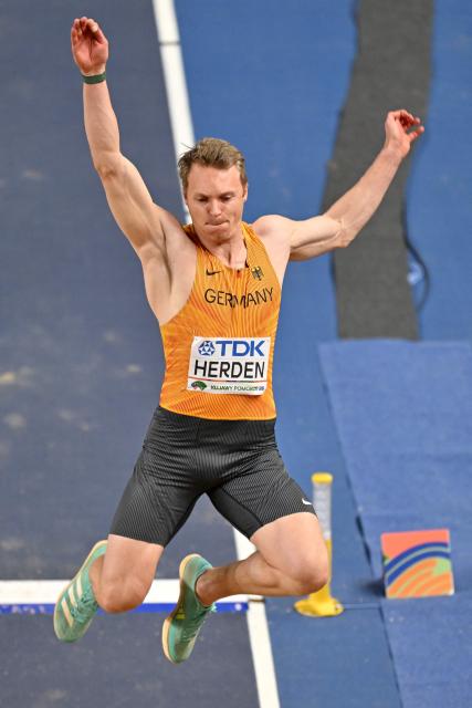 Germany's Luka Herden competes in the men's final long jump event during the World Athletics Indoor Championships Kujawy Pomorze 2026 in Torun, Poland on March 22, 2026. (Photo by Andrej ISAKOVIC / AFP)