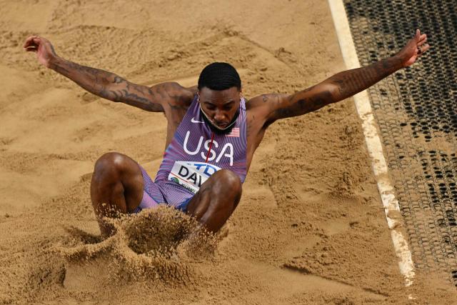 USA's Jeremiah Davis competes in the men's final long jump event during the World Athletics Indoor Championships Kujawy Pomorze 2026 in Torun, Poland on March 22, 2026. (Photo by Andrej ISAKOVIC / AFP)