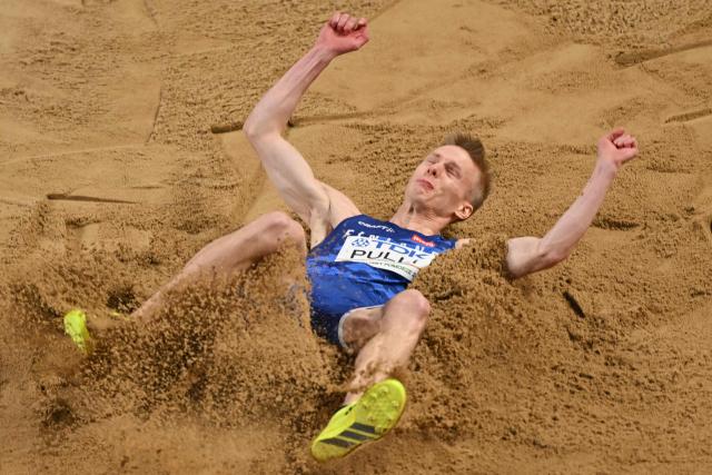 Finland's Kristian Pulli competes in the men's final long jump event during the World Athletics Indoor Championships Kujawy Pomorze 2026 in Torun, Poland on March 22, 2026. (Photo by Andrej ISAKOVIC / AFP)