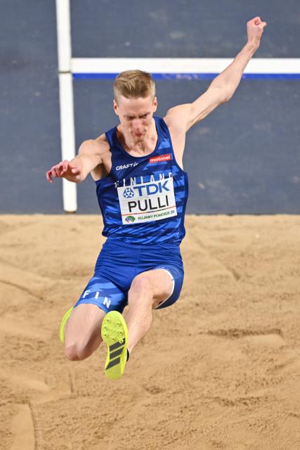 Finland's Kristian Pulli competes in the men's final long jump event during the World Athletics Indoor Championships Kujawy Pomorze 2026 in Torun, Poland on March 22, 2026. (Photo by Andrej ISAKOVIC / AFP)