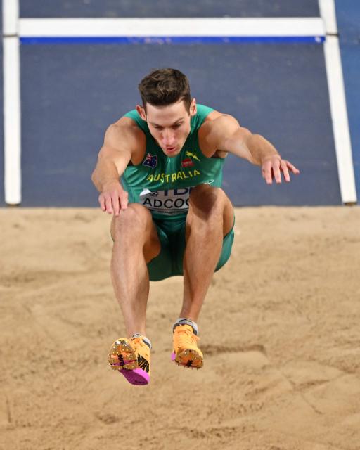 Australia's Liam Adcock competes in the men's final long jump event during the World Athletics Indoor Championships Kujawy Pomorze 2026 in Torun, Poland on March 22, 2026. (Photo by Andrej ISAKOVIC / AFP)