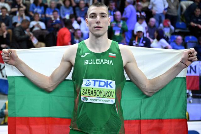 Bulgaria's Bozhidar Saraboyukov reacts after the men's final long jump event during the World Athletics Indoor Championships Kujawy Pomorze 2026 in Torun, Poland on March 22, 2026. (Photo by Kirill KUDRYAVTSEV / AFP)