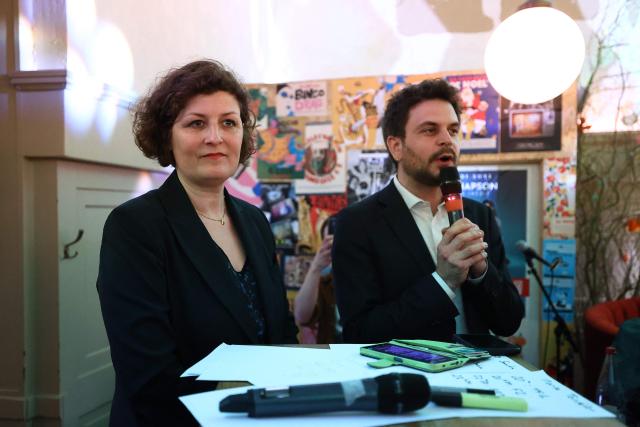 Strasbourg's incumbent mayor and Les Ecologistes candidate for re-election Jeanne Barseghian (L) reacts during an election evening for the second round of France's 2026 municipal elections in Strasbourg, eastern France on March 22, 2026. (Photo by FREDERICK FLORIN / AFP)
