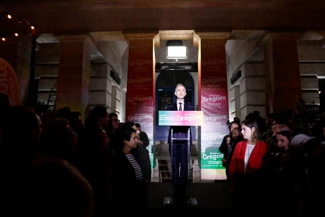 Socialistes et Apparentes' MP and Paris' Mayoral candidate Emmanuel Gregoire delivers a speech after his victory following the announcement of official results of the second round of France's 2026 municipal elections, at the Rotonde Stalingrad venue in Paris on March 22, 2026. (Photo by Kenzo TRIBOUILLARD / AFP)