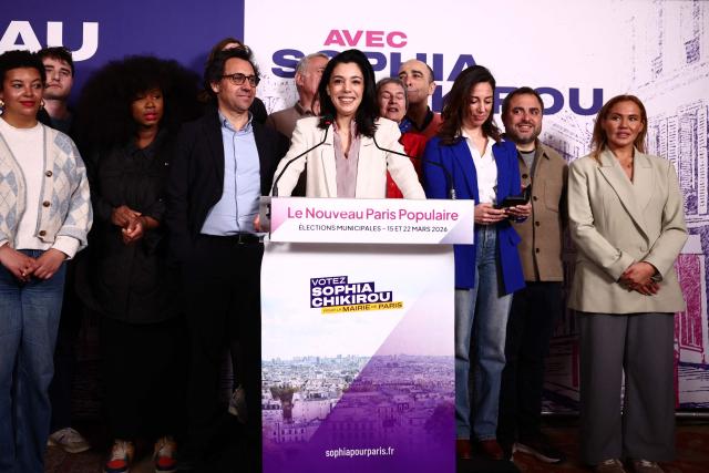 Paris' Left-wing La France Insoumise (LFI) Mayoral candidate Sophia Chikirou addresses supporters during the party rally following the results of the second round of France's 2026 municipal elections at the LFI headquarters in Paris on March 22, 2026. (Photo by Zakaria ABDELKAFI / AFP)