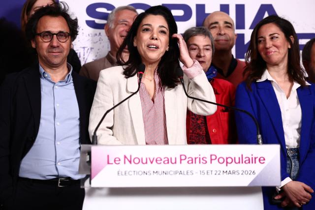 Paris' Left-wing La France Insoumise (LFI) Mayoral candidate Sophia Chikirou speaks during the party rally following the results of the second round of France's 2026 municipal elections at the LFI headquarters in Paris on March 22, 2026. (Photo by Zakaria ABDELKAFI / AFP)