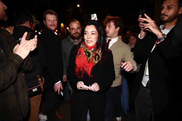 Paris' Left-wing La France Insoumise (LFI) Mayoral candidate Sophia Chikirou arrives to address supporters during the party rally following the results of the second round of France's 2026 municipal elections at the LFI headquarters in Paris on March 22, 2026. (Photo by Zakaria ABDELKAFI / AFP)