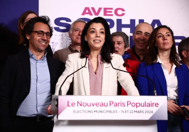 Paris' Left-wing La France Insoumise (LFI) Mayoral candidate Sophia Chikirou addresses supporters during the party rally following the results of the second round of France's 2026 municipal elections at the LFI headquarters in Paris on March 22, 2026. (Photo by Zakaria ABDELKAFI / AFP)
