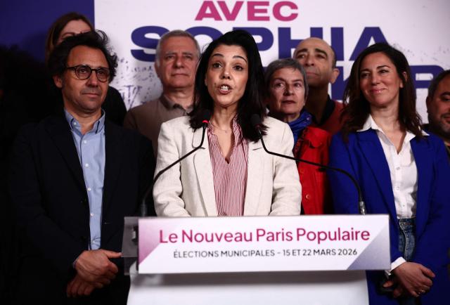 Paris' Left-wing La France Insoumise (LFI) Mayoral candidate Sophia Chikirou addresses supporters during the party rally following the results of the second round of France's 2026 municipal elections at the LFI headquarters in Paris on March 22, 2026. (Photo by Zakaria ABDELKAFI / AFP)