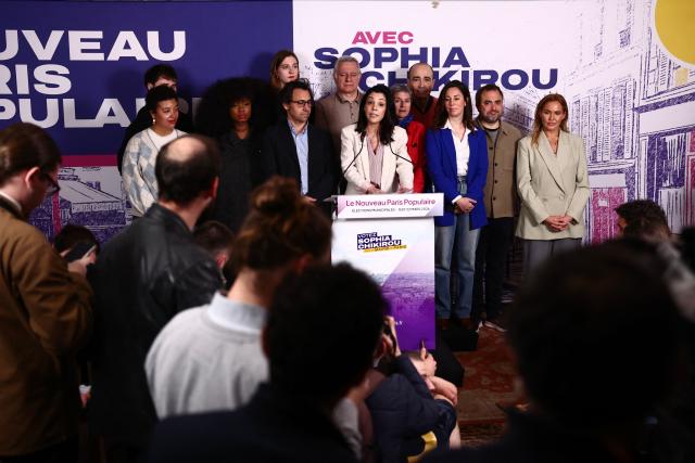 Paris' Left-wing La France Insoumise (LFI) Mayoral candidate Sophia Chikirou addresses supporters during the party rally following the results of the second round of France's 2026 municipal elections at the LFI headquarters in Paris on March 22, 2026. (Photo by Zakaria ABDELKAFI / AFP)