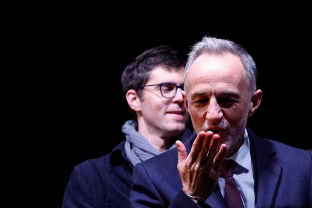 Socialist Party (PS) Member of Parliament and left wing Paris mayoral candidate Emmanuel Gregoire celebrates during a gathering following the second round of France's 2026 municipal elections in Paris on March 22, 2026. Gregoire was elected Paris mayor in the French capital's municipal elections. (Photo by GEOFFROY VAN DER HASSELT / AFP)