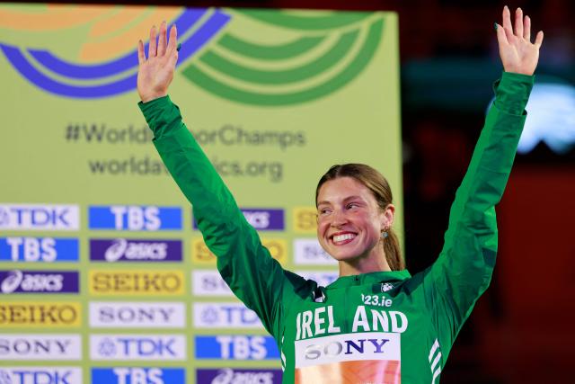 Bronze medallist Ireland's Kate O'Connor celebrates on the podium for the women's pentathlon event during the World Athletics Indoor Championships Kujawy Pomorze 2026 in Torun, Poland on March 22, 2026. (Photo by Wojtek RADWANSKI / AFP)