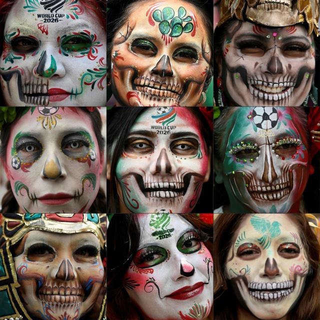 (COMBO) This combination of pictures created on March 22, 2026 shows Women with their faces painted taking part in a procession of Catrinas wearing the Mexican World Cup national football team jersey in Mexico City on March 22, 2026. (Photo by Alfredo ESTRELLA / AFP)