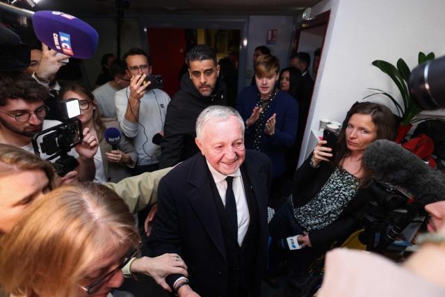Lyon's mayoral candidate, whose list is supported by LR and Renaissance parties Jean-Michel Aulas arrives after loosing following the results of second round of France's 2026 municipal elections in Lyon, central eastern France on March 22, 2026. (Photo by Alex MARTIN / AFP)