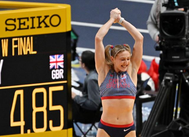 Britain's Molly Caudery celebrates winning the women's final pole vault event during the World Athletics Indoor Championships Kujawy Pomorze 2026 in Torun, Poland on March 22, 2026. (Photo by Andrej ISAKOVIC / AFP)