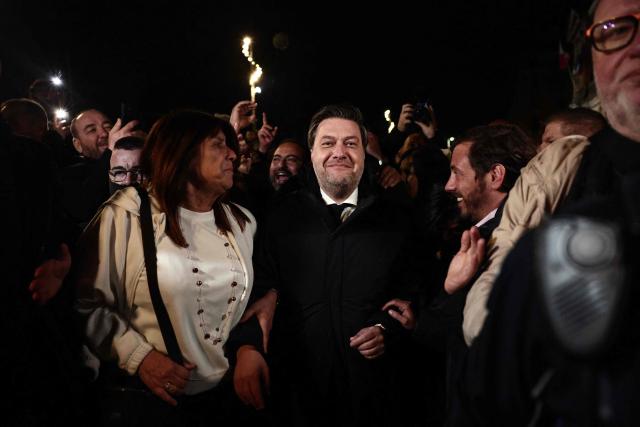 Marseille's incumbent mayor and broad left-wing coalition Printemps Marseillais candidate for re-election Benoit Payan arrives to celebrate after winning the second round of France's 2026 municipal elections in Marseille, southern France on March 22, 2026. (Photo by Thibaud MORITZ / AFP)