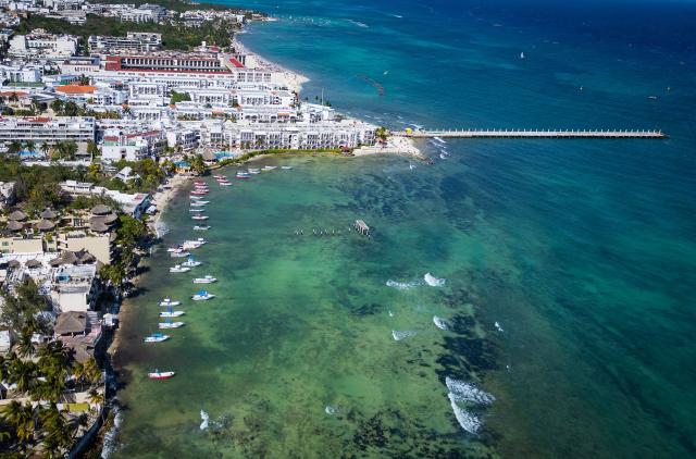An aerial view of the coastline at Playa del Carmen, Yucatan state, Mexico, on March 22, 2026. Uruguay will stay at the Fairmont Mayakoba resort in Playa del Carmen during the 2026 Football World Cup. (Photo by Carl de Souza / AFP)