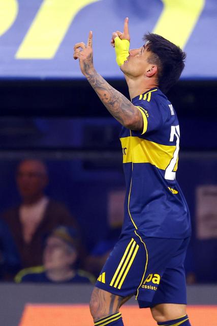 Boca Juniors' Paraguayan forward #28 Adam Bareiro celebrates after scoring his team's second goal during the Argentine Professional Football League 2026 Apertura Tournament match between Boca Juniors and Instituto de Cordoba at La Bombonera Stadium in Buenos Aires on March 22, 2026. (Photo by ALEJANDRO PAGNI / AFP)