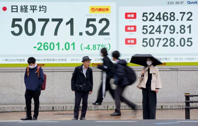 Pedestrians stand in front of an electronic quotation board displaying the Nikkei Stock Average on the Tokyo Stock Exchange along a street in Tokyo on March 23, 2026. (Photo by Kazuhiro NOGI / AFP)