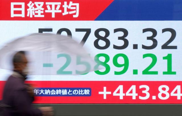 A pedestrian walks past an electronic quotation board displaying the Nikkei Stock Average on the Tokyo Stock Exchange along a street in Tokyo on March 23, 2026. (Photo by Kazuhiro NOGI / AFP)
