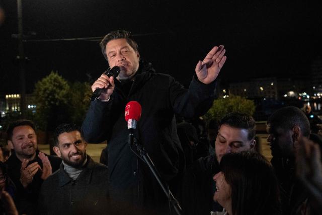 Marseille's incumbent mayor and broad left-wing coalition Printemps Marseillais candidate for re-election Benoit Payan addresses supporters after winning the second round of France's 2026 municipal elections in Marseille, southern France on March 22, 2026. (Photo by Elodie CLEMENT / AFP)