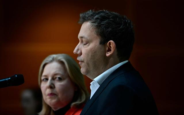 Germany's social democratic SPD party's co-leaders Baerbel Bas (L) and Lars Klingbeil give a statement at their party's headquarters in Berlin on March 23, 2026, one day after state elections in the southwestern state of Rhineland-Palatinate. German Chancellor Friedrich Merz's conservative CDU party ousted the centre-left Social Democratic Party in the closely watched state election in which the far right also made big gains, according to exit polls. (Photo by Tobias SCHWARZ / AFP)
