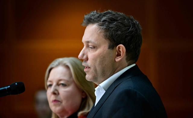 Germany's social democratic SPD party's co-leaders Baerbel Bas (L) and Lars Klingbeil give a statement at their party's headquarters in Berlin on March 23, 2026, one day after state elections in the southwestern state of Rhineland-Palatinate. German Chancellor Friedrich Merz's conservative CDU party ousted the centre-left Social Democratic Party in the closely watched state election in which the far right also made big gains, according to exit polls. (Photo by Tobias SCHWARZ / AFP)