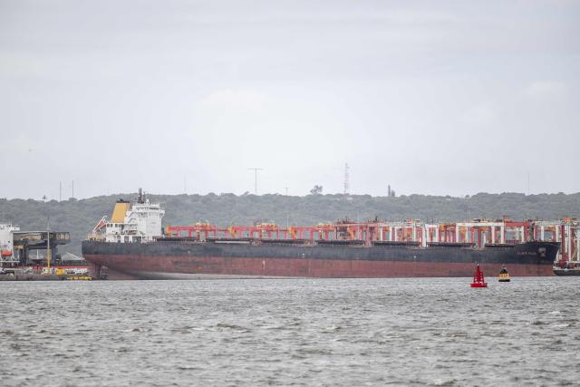 A general view of a cargo vessels docked next to cranes and containers at the Durban Harbour in Durban on March 23, 2026. (Photo by RAJESH JANTILAL / AFP)