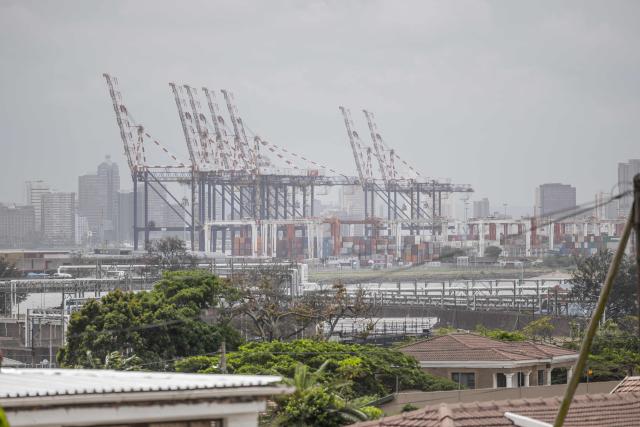 A general view of a cranes and containers at the Durban Harbour in Durban on March 23, 2026. (Photo by RAJESH JANTILAL / AFP)