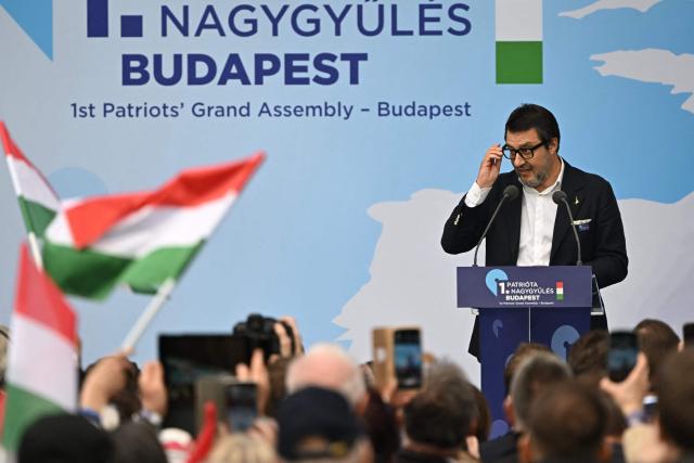 Italy's Infrastructure Minister and Deputy Prime Minister Matteo Salvini addresses the audience during the first Patriotic Rally at the Millenaris Cultural Center in Budapest, Hungary, March 23, 2026, a key campaign event for the upcoming April elections. In the April 12, 2026 vote, Hungarian Prime Minister Viktor Orban is facing his toughest challenge since he returned to power in 2010, according to opinion polls, against a backdrop of a stagnating economy and growing discontent with public services, among other issues. (Photo by Attila KISBENEDEK / AFP)