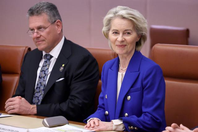 European Commission President Ursula von der Leyen (R) and EU Trade Commissioner Maros Sefcovic hold talks with Australian Prime Minister Anthony Albanese and his aides at Parliament House in Canberra on March 24, 2026. (Photo by David GRAY / AFP)