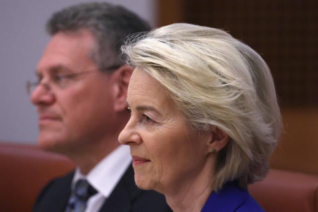 European Commission President Ursula von der Leyen (R) and EU Trade Commissioner Maros Sefcovic hold talks with Australian Prime Minister Anthony Albanese and his aides at Parliament House in Canberra on March 24, 2026. (Photo by David GRAY / AFP)